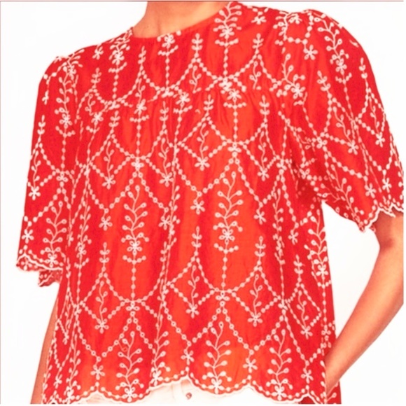 Zara Tops - Zara Orange and White Eyelet Short Sleeve Top - M